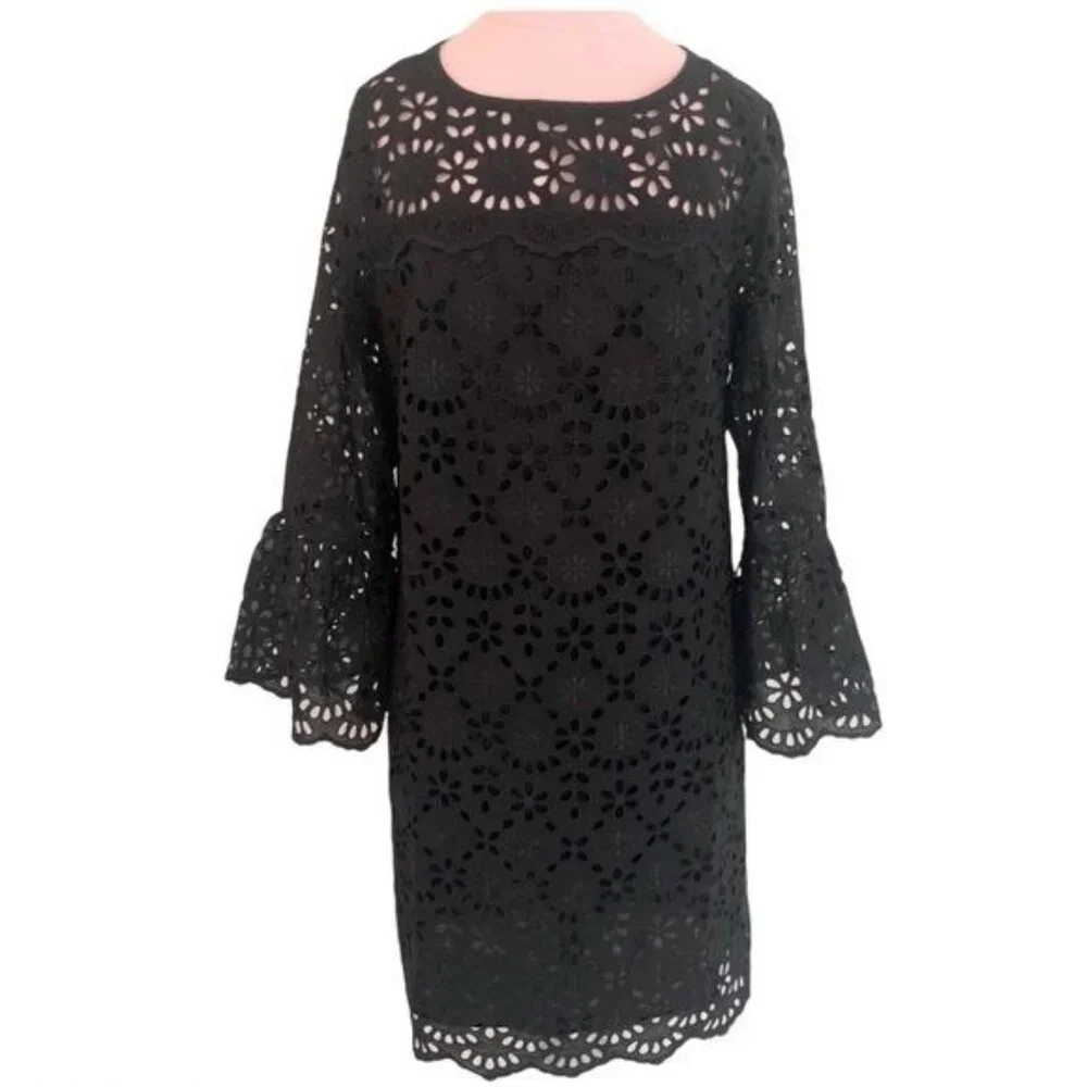 J. Crew Bell sleeve Embroidered Eyelet Dress in Black Size 6 NWT